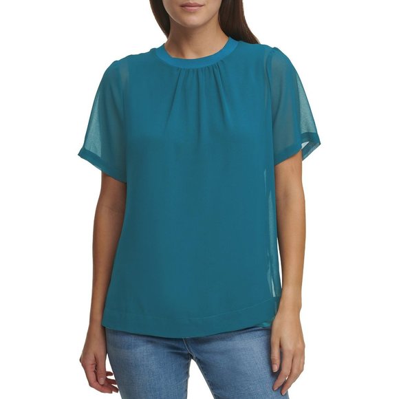 DKNY Sheer Overlay Chiffon Short Sleeve Blouse - XS NWOT - Picture 1 of 4